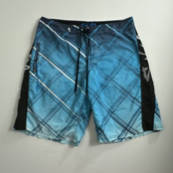 SALT LIFE Board Shorts Mens Size 36 Blue Black Stretch Beach Trunks Zip Pocket - Picture 1 of 8